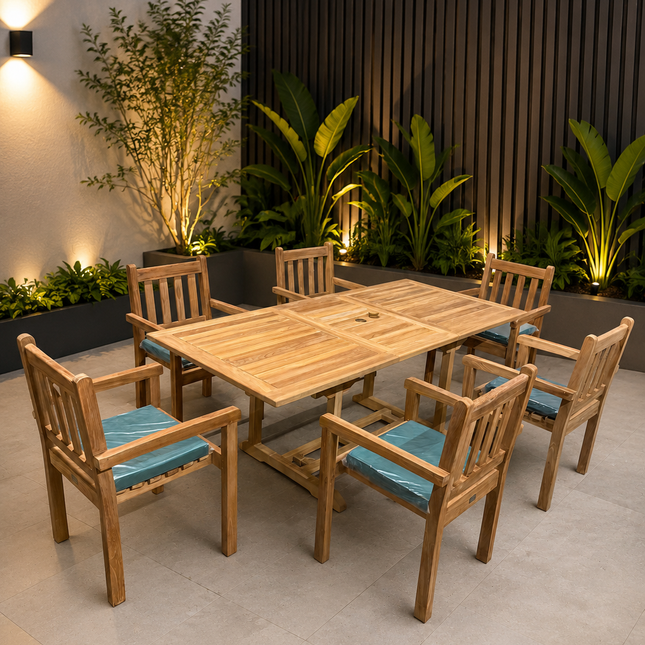 Teak Garden Furniture Set 150cm - 200cm Rectangle Dining table & 6 Chairs with Cushions!