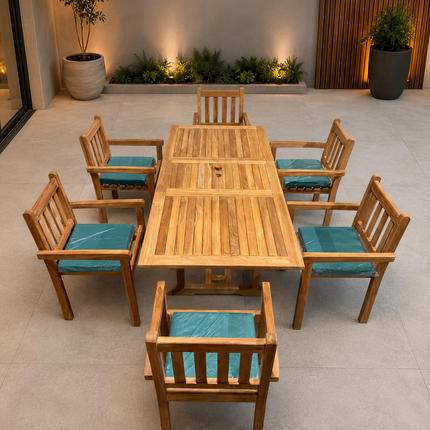 Teak Garden Furniture Set 150cm - 200cm Rectangle Dining table & 8 Chairs with Cushions!