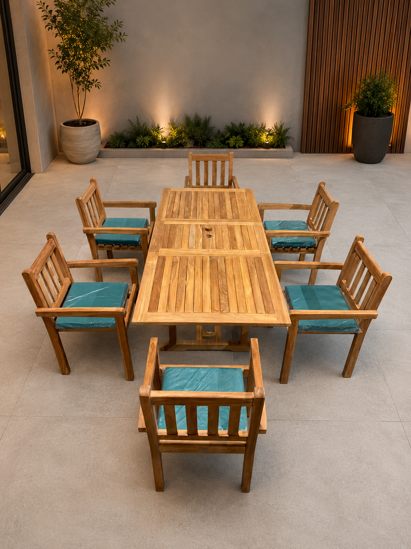 Teak Garden Furniture Set 150cm - 200cm Rectangle Dining table & 6 Chairs with Cushions!