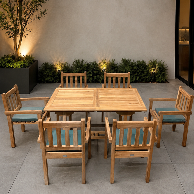 Teak Garden Furniture Set 150cm - 200cm Rectangle Dining table & 6 Chairs with Cushions!