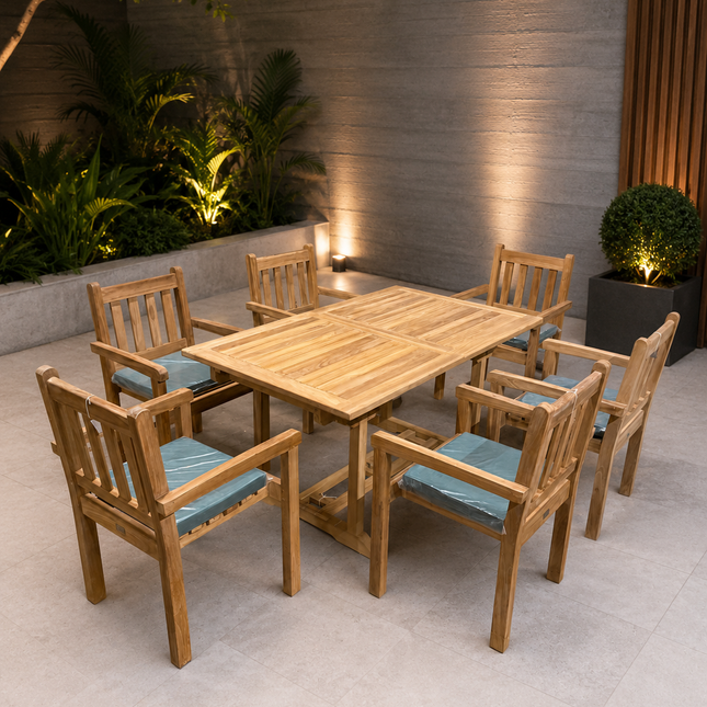 Teak Garden Furniture Set 150cm - 200cm Rectangle Dining table & 6 Chairs with Cushions!