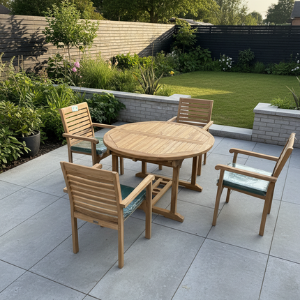 Teak Deluxe Garden Furniture Set 120cm - 170cm Oval Dining Table 4cm Single Leaf Thick & 6 New Haven Stacking Chairs With Cushions