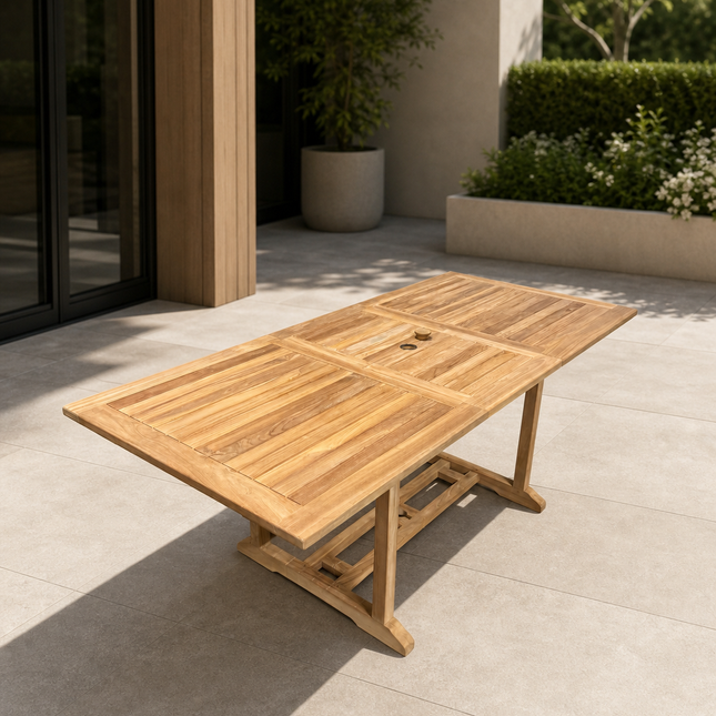 Teak Garden Furniture Set 150cm - 200cm Rectangle Dining table & 4 Chairs with Cushions!