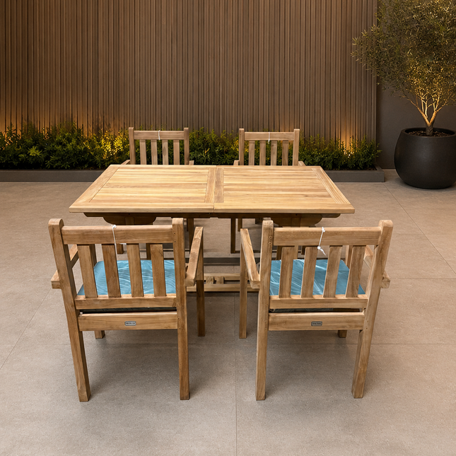 Teak Garden Furniture Set 150cm - 200cm Rectangle Dining table & 4 Chairs with Cushions!