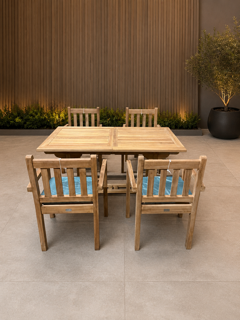 Teak Garden Furniture Set 150cm - 200cm Rectangle Dining table & 4 Chairs with Cushions!