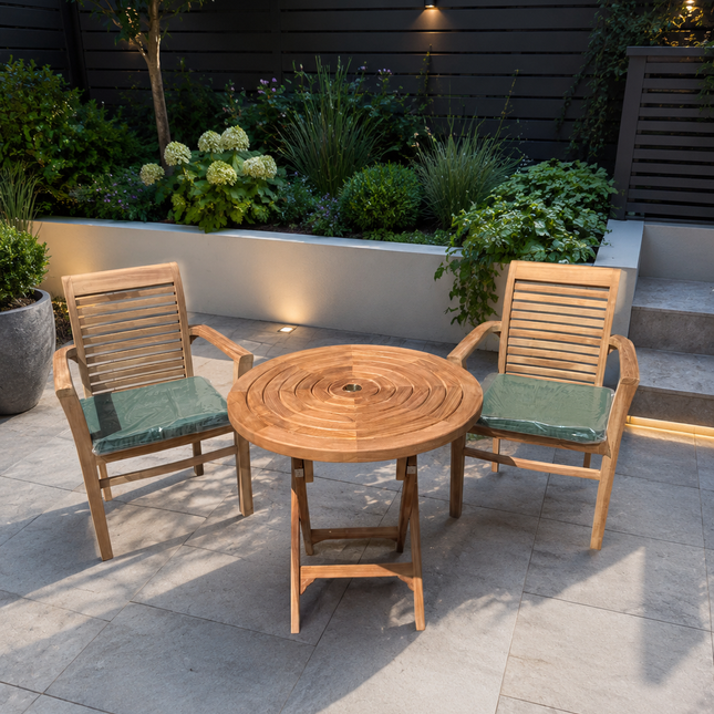 Teak Ripple Dining Set Foldable Table & Two Enclave Stacking Chairs