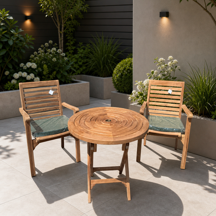 Teak Ripple Dining Set Foldable Table & Two New Haven Stacking Chairs
