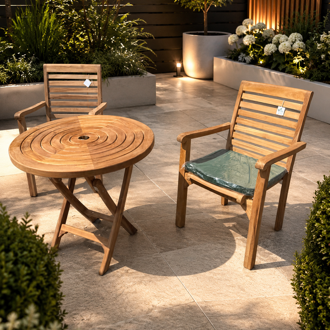 Teak Ripple Dining Set Foldable Table & Two New Haven Stacking Chairs