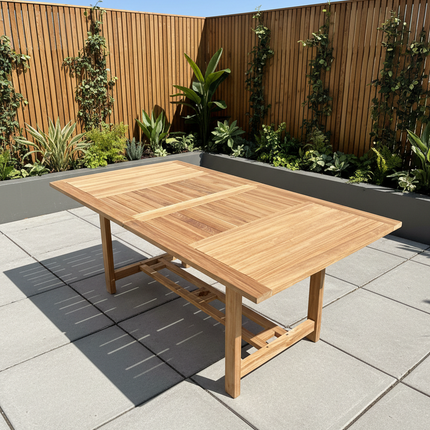 Teak Garden Furniture Set 180cm - 240cm Rectangle Dining table & 4 New Haven Stacking Chairs with Cushions!