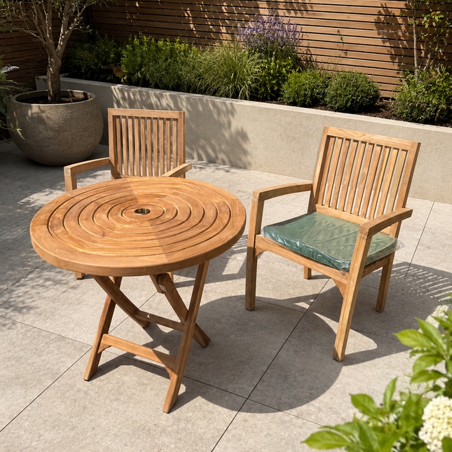 Teak Ripple Dining Set Foldable Table & Two Elysian Stacking Chairs