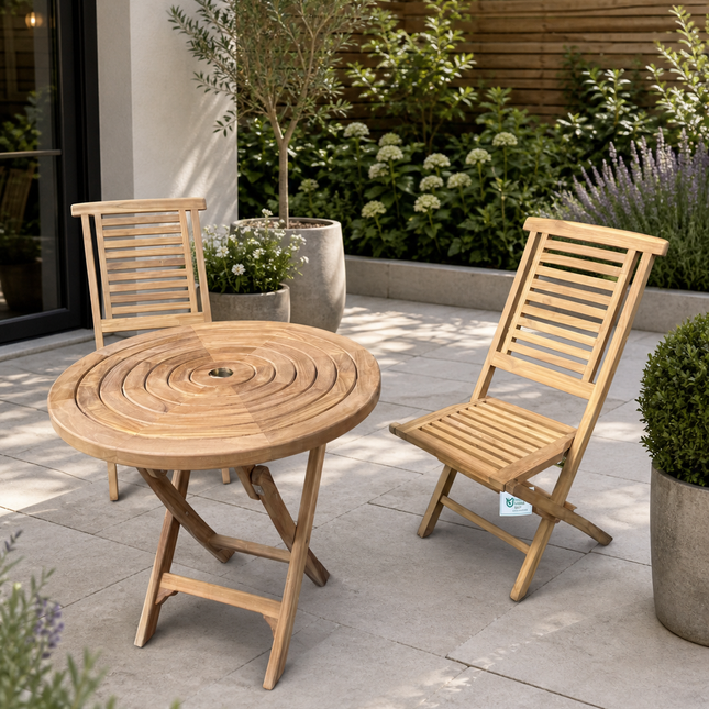 Teak Ripple Dining Set Foldable Table & Two Harbour Folding Chairs
