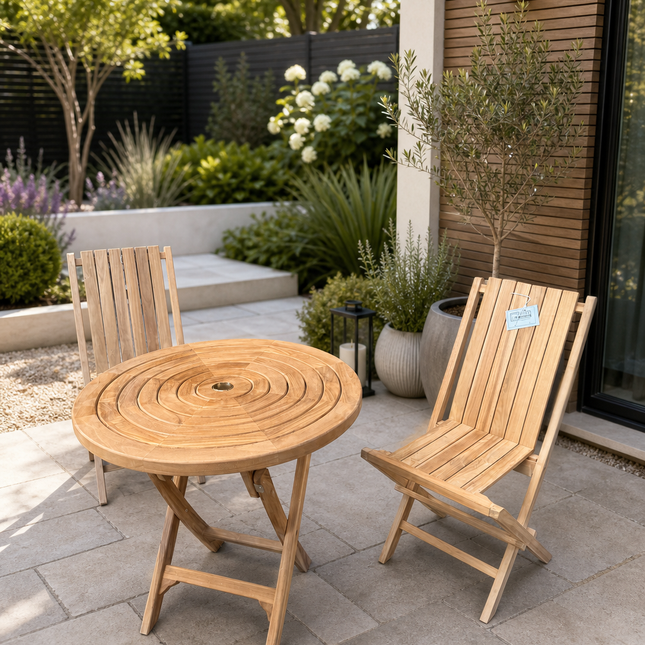 Teak Ripple Dining Set Foldable Table & Two Windsor Folding Chairs