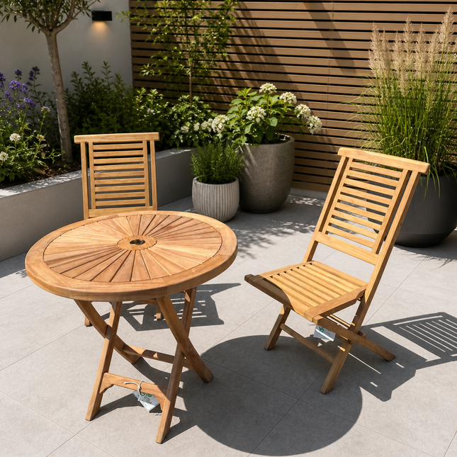 Teak Dining Set Foldable Table & Two Harbour Folding Chairs