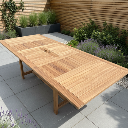 Teak Garden Furniture Set 180cm - 240cm Rectangle Dining table & 4 New Haven Stacking Chairs with Cushions!