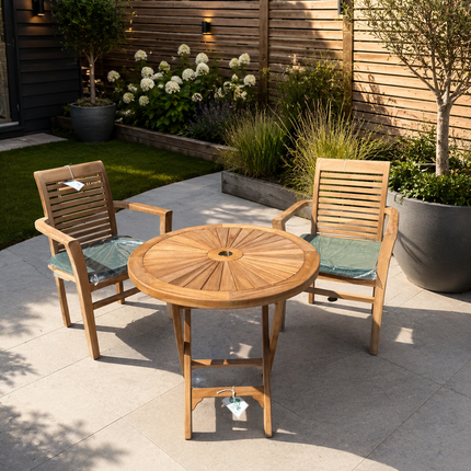 Teak Dining Set Foldable Table & Two Enclave Stacking Chairs