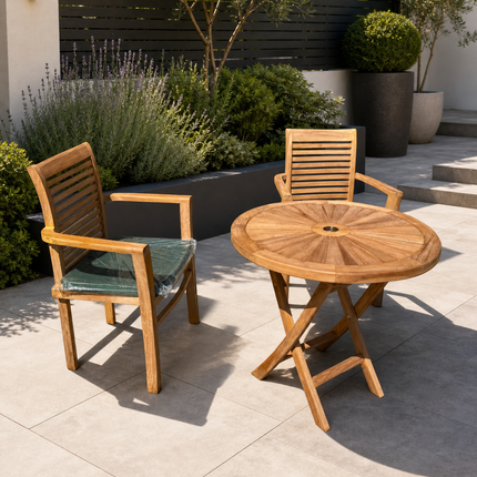 Teak Dining Set Foldable Table & Two Enclave Stacking Chairs