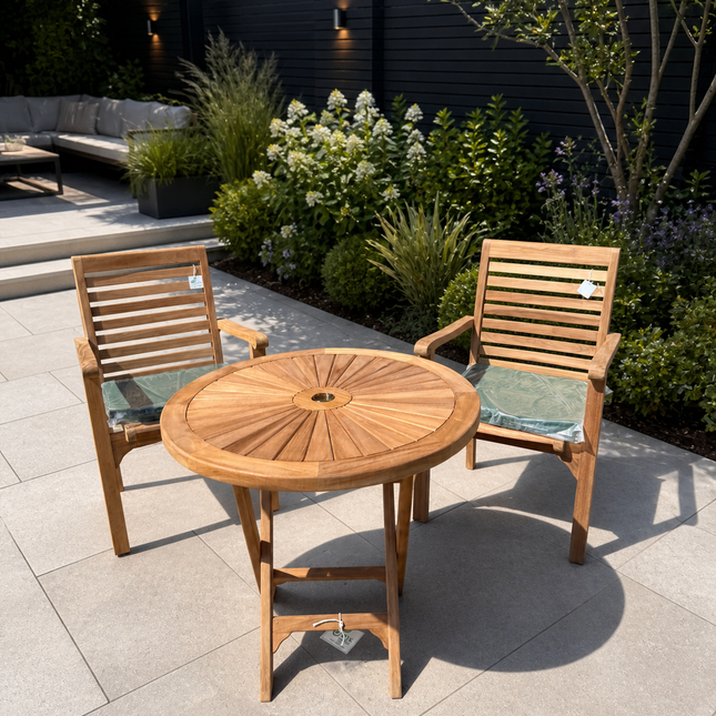 Teak Dining Set Foldable Table & Two New Haven Stacking Chairs