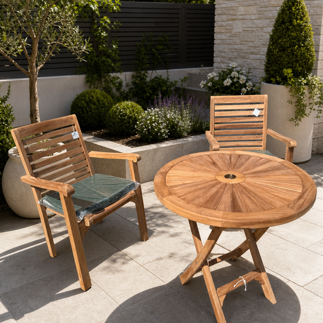 Teak Dining Set Foldable Table & Two New Haven Stacking Chairs