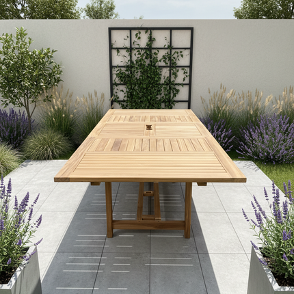 Teak Garden Furniture Set 180cm - 240cm Rectangle Dining table & 4 New Haven Stacking Chairs with Cushions!