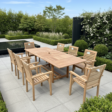 Teak Garden Furniture Set 180cm - 240cm Rectangle Dining table & 8 New Haven Stacking Chairs with Cushions!