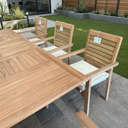 Teak Garden Furniture Set 180cm - 240cm Rectangle Dining table & 6 New Haven Stacking Chairs with Cushions!