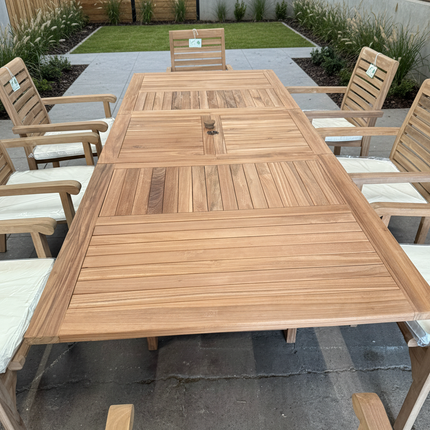 Teak Garden Furniture Set 180cm - 240cm Rectangle Dining table & 6 New Haven Stacking Chairs with Cushions!