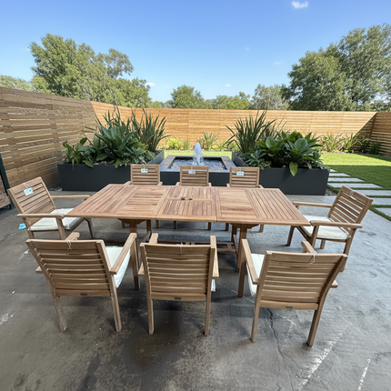 Teak Garden Furniture Set 180cm - 240cm Rectangle Dining table & 8 New Haven Stacking Chairs with Cushions!