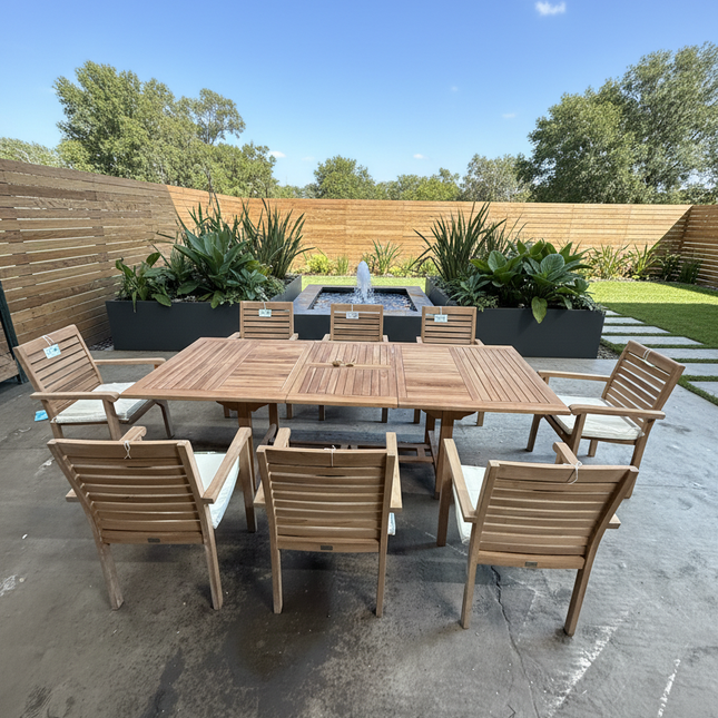 Teak Garden Furniture Set 180cm - 240cm Rectangle Dining table & 8 New Haven Stacking Chairs with Cushions!