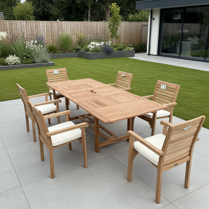 Teak Garden Furniture Set 180cm - 240cm Rectangle Dining table & 6 New Haven Stacking Chairs with Cushions!