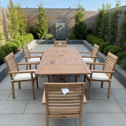 Teak Garden Furniture Set 180cm - 240cm Rectangle Dining table & 6 New Haven Stacking Chairs with Cushions!