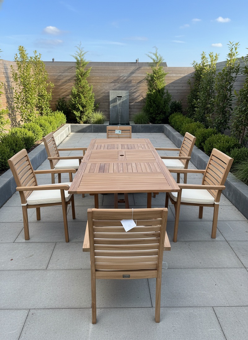 Teak Garden Furniture Set 180cm - 240cm Rectangle Dining table & 6 New Haven Stacking Chairs with Cushions!