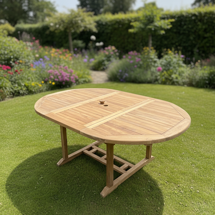 Teak Deluxe Garden Furniture Set 120cm - 170cm Oval Dining Table 4cm Thick Single leaf & 4 Enclave Stacking Chairs With Cushions