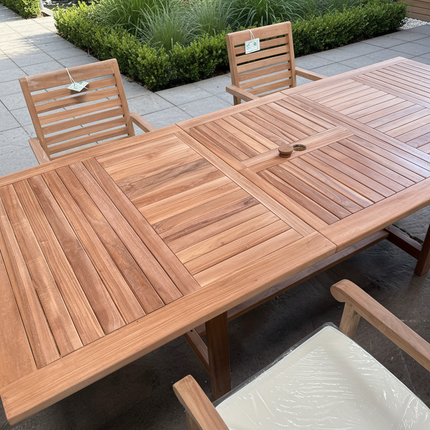 Teak Garden Furniture Set 180cm - 240cm Rectangle Dining table & 6 New Haven Stacking Chairs with Cushions!