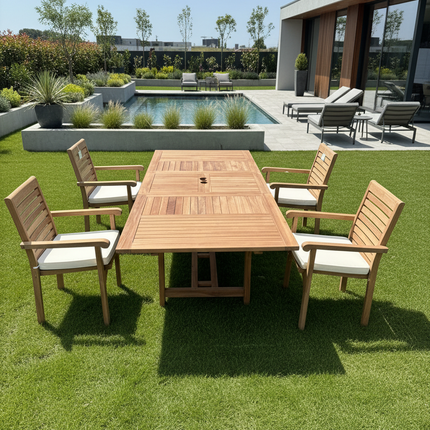 Teak Garden Furniture Set 180cm - 240cm Rectangle Dining table & 4 New Haven Stacking Chairs with Cushions!