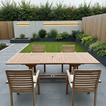 Teak Garden Furniture Set 180cm - 240cm Rectangle Dining table & 4 New Haven Stacking Chairs with Cushions!