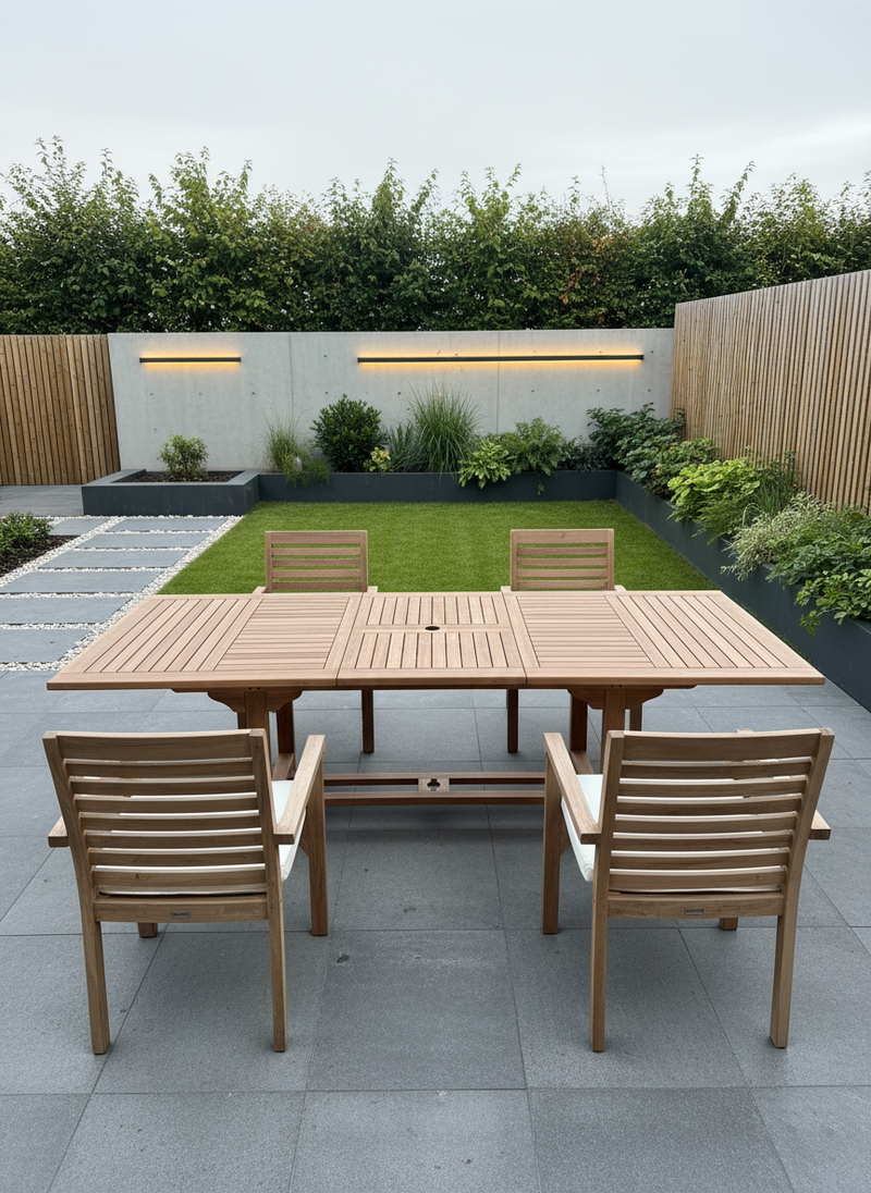 Teak Garden Furniture Set 180cm - 240cm Rectangle Dining table & 4 New Haven Stacking Chairs with Cushions!