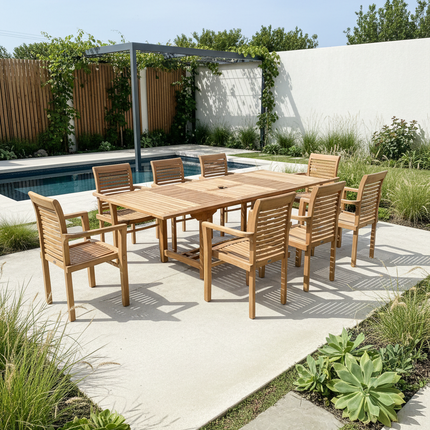 Teak Garden Furniture Set 180cm - 240cm Rectangle Dining table & 8 Enclave Stacking Chairs with Cushions!