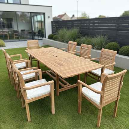 Teak Garden Furniture Set 180cm - 240cm Rectangle Dining table & 8 Enclave Stacking Chairs with Cushions!