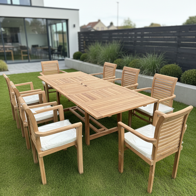 Teak Garden Furniture Set 180cm - 240cm Rectangle Dining table & 8 Enclave Stacking Chairs with Cushions!