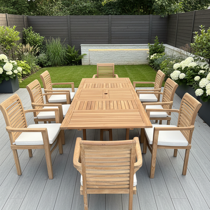 Teak Garden Furniture Set 180cm - 240cm Rectangle Dining table & 8 Enclave Stacking Chairs with Cushions!