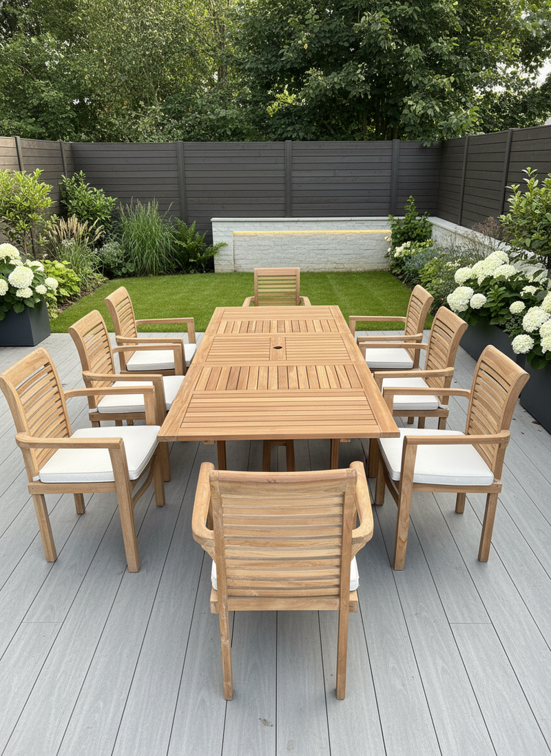 Teak Garden Furniture Set 180cm - 240cm Rectangle Dining table & 8 Enclave Stacking Chairs with Cushions!