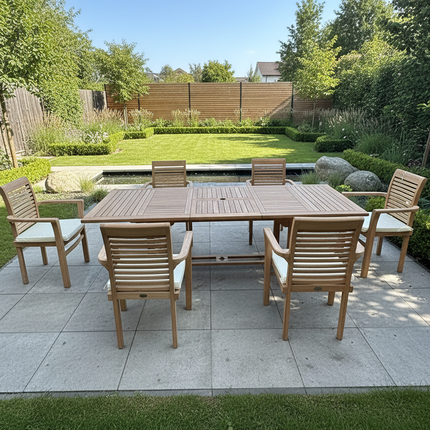 Teak Garden Furniture Set 180cm - 240cm Rectangle Dining table & 6 Enclave Stacking Chairs with Cushions!