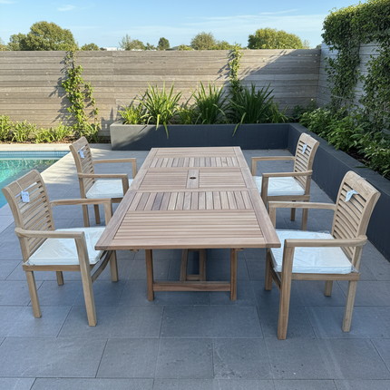 Teak Garden Furniture Set 180cm - 240cm Rectangle Dining table & 4 Enclave Stacking Chairs with Cushions!