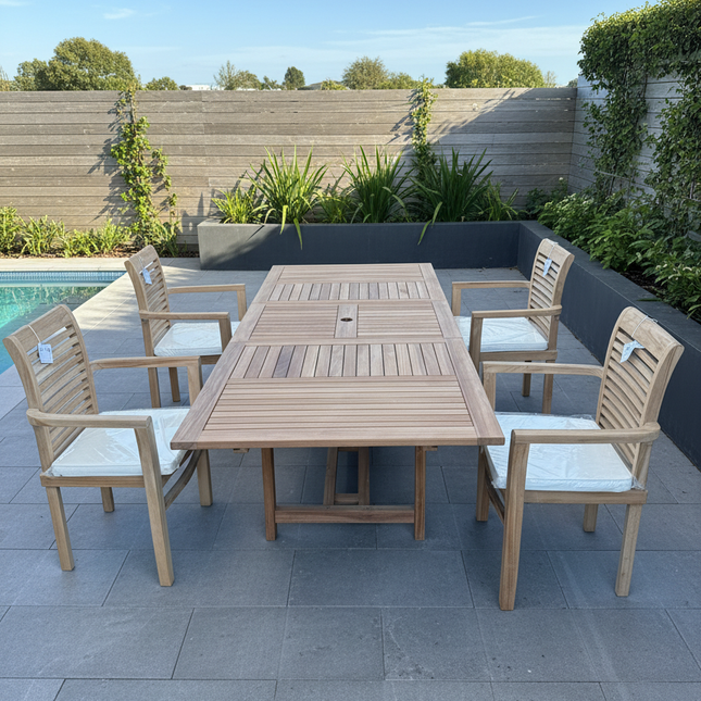 Teak Garden Furniture Set 180cm - 240cm Rectangle Dining table & 4 Enclave Stacking Chairs with Cushions!