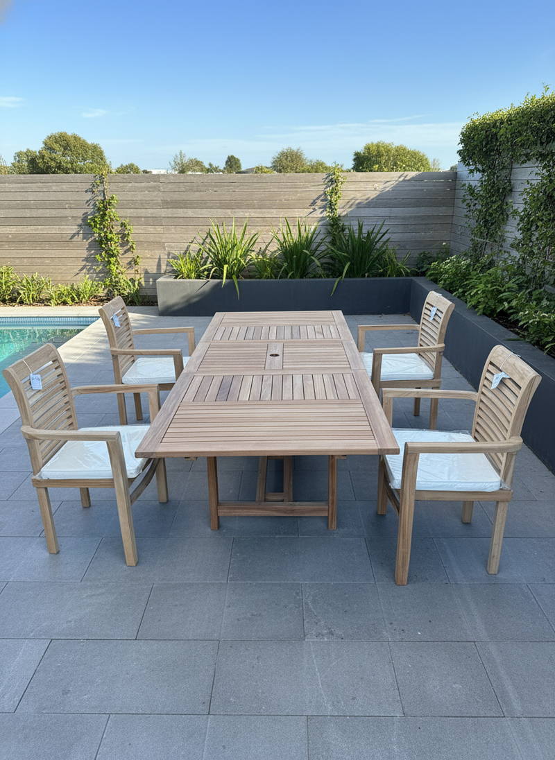 Teak Garden Furniture Set 180cm - 240cm Rectangle Dining table & 4 Enclave Stacking Chairs with Cushions!