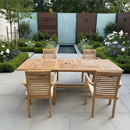 Teak Garden Furniture Set 180cm - 240cm Rectangle Dining table & 4 Enclave Stacking Chairs with Cushions!