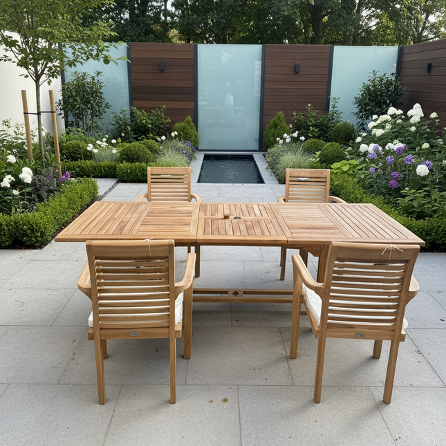Teak Garden Furniture Set 180cm - 240cm Rectangle Dining table & 4 Enclave Stacking Chairs with Cushions!
