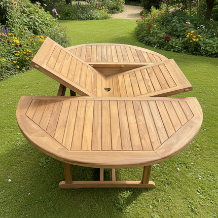 Teak Deluxe Garden Furniture Set 120cm - 170cm Oval Dining Table 4cm Thick Single leaf & 4 Enclave Stacking Chairs With Cushions
