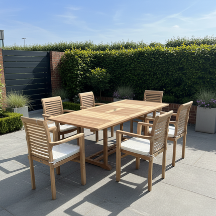 Teak Garden Furniture Set 180cm - 240cm Rectangle Dining table & 6 Enclave Stacking Chairs with Cushions!