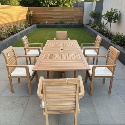 Teak Garden Furniture Set 180cm - 240cm Rectangle Dining table & 6 Enclave Stacking Chairs with Cushions!